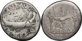 Marcus Antonius.AR Denarius, uncertain mint, 32-31 BC.D/ Galley.R/ Aquila between two standards. LEG XX.Cr. 544/36.AR.g. 3.63 mm. 17.00Old cabinet ton...