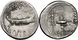 Marcus Antonius.AR Denarius, uncertain mint, 32-31 BC.D/ Galley.R/ Aquila between two standards. LEG XXV (?).Cf. Syd. 1248. Cf. B. 140. Cf. BMC 220. C...