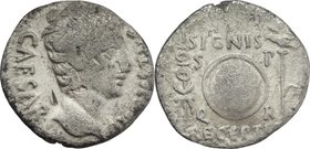 Augustus (27 BC - 14 AD).AR Denarius, Spain, 19 BC.D/ Head right, bare.R/ Clipeus virtutis between aquila and signum.RIC 86 a. C. 265.AR.g. 3.28 mm. 1...