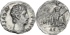 Augustus (27 BC - 14 AD).AR Denarius, 15 BC. Lugdunum mint.D/ Head right, laureate.R/ Apollo standing left holding lyre and plectron.RIC 171a. C. 144....