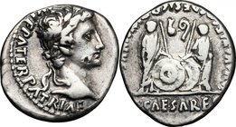 Augustus (27 BC - 14 AD).AR Denarius, Lugdunum mint, 2 BC - 4 AD.D/ Head right, laureate.R/ Gaius and Lucius Caesar standing facing, each resting a ha...