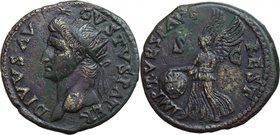 Augustus (27 BC - 14 AD).AE Dupondius, struck under Titus, 81 AD.D/ Head left, radiate; above, star.R/ Victory advancing left, holding shield inscribe...