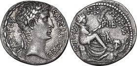 Augustus (27 BC - 14 AD).AR Tetradrachm, Antioch ad Orontes mint, Syria, 1 AD.D/ Head right, laureate.R/ Tyche seated right, holding palm; below, Oron...