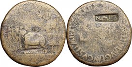 Tiberius (14-37).AE Sestertius, 36-37.D/ Augustus in quadriga of elephants left; holding branch and scepter.R/ Large SC surrounded by legend.RIC 68.AE...