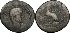 Tiberius (14-37).AE 32mm Leptis Magna mint, Syrtica.D/ Laureate head of Tiberius right; to left, countermark (CAESAR monogram).R/ Livia, veiled, seate...