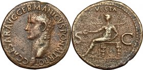 Caligula (37-41).AE As, 37-38.D/ Head left.R/ Vesta seated left, holding patera and scepter.RIC (2nd ed.) 38.AE.g. 9.94 mm. 29.00VF.