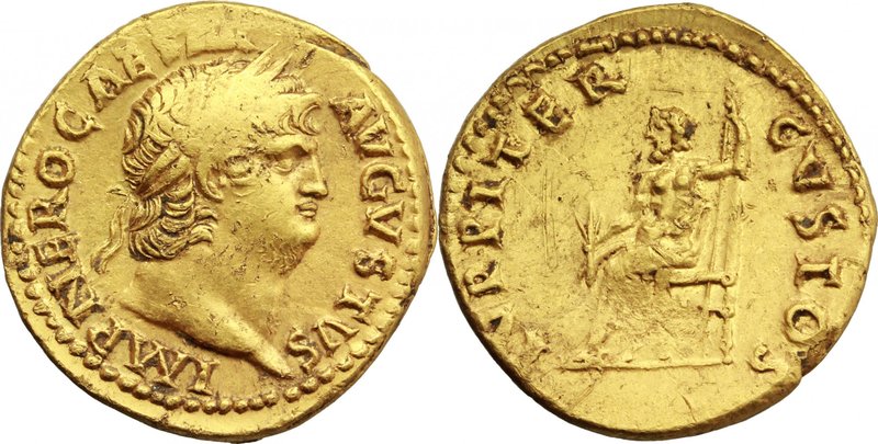 Nero (54-68).AV Aureus, 66-67 AD.D/ Head right, laureate.R/ Jupiter seated left ...