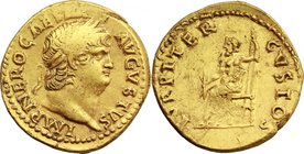 Nero (54-68).AV Aureus, 66-67 AD.D/ Head right, laureate.R/ Jupiter seated left on throne, holding thunderbolt and sceptre.RIC 63.AV.g. 7.42 mm. 19.50...