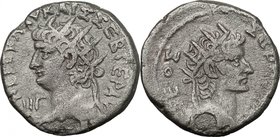 Nero (54-68) with Divus Augusts.BI Tetradrachm, Alexandria mint.D/ Radiate head of Nero left.R/ Radiate head of Divus Augustus right.Koln I, 179.BI.g....