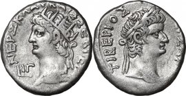 Nero (54-68).BI Tetradrachm, Alexandria mint, 66-67.D/ Head left, radiate.R/ Head of Tiberius right, laureate.Kampmann 14.101.BI.g. 12.85 mm. 24.00Abo...