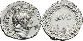 Vespasian (69-79).AR Denarius, uncertain mint in Asia Minor, c. 70-74 AD.D/ Bust right, laureate.R/ AVG within laurel wreath.Consular year illegible: ...