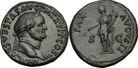 Vespasian (69-79).AE Sestertius, 71 AD.D/ Head right, laureate.R/ Pax standing left holding branch and cornucopiae.RIC 437.AE.g. 27.77 mm. 33.00Gently...