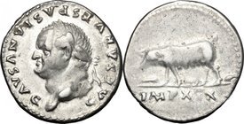 Vespasian (69-79).AR Denarius 77-78.D/ Head left, laureate.R/ Sow walking left; below, three piglets.RIC 983.AR. mm. 16.50R.VF.