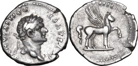 Domitian as Caesar (69-81).AR Denarius, 76-77.D/ Head right, laureate.R/ Pegasus standing right, raising left forepart.RIC (2nd ed; Vespasian) 922.AR....