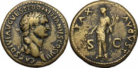 Domitian as Caesar (69-81).AE Sestertius, struck under Titus, 80-81 AD. Rome mint.D/ Laureate head right .R/ Pax standing left, holding branch and cor...