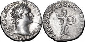 Domitian (81-96).AR Denarius, 93-94.D/ Head right laureate.R/ Minerva advancing right, holding spear and shield.RIC (2nd ed.) 761.AR.g. 3.18 mm. 18.00...