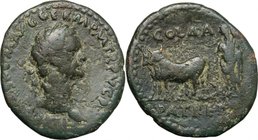 Domitian (81-96).AE 25mm, Achaia, Patrae mint, 85-86.D/ Head right, laureate.R/ Priest driving yoke of oxen left, plowing pomerium.RPC II, 254.AE.g. 9...