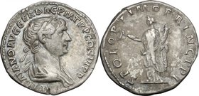 Trajan (98-117).AR Denarius, 112-114.D/ Bust right, laureate, draped.R/ Felicitas standing left, holding caduceus and cornucopiae.RIC 271.AR.g. 3.53 m...