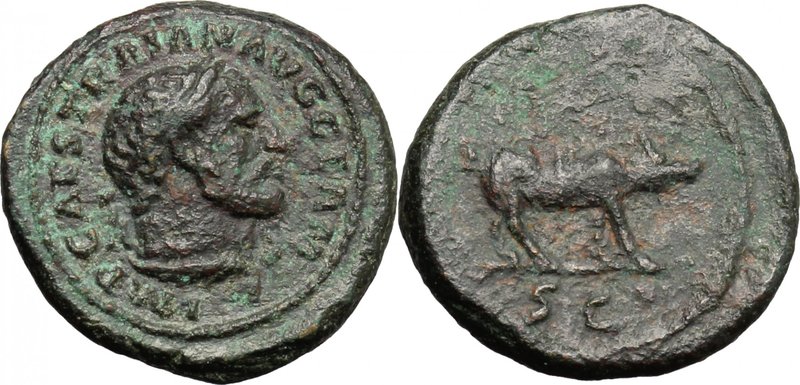 Trajan (98-117).AE Quadrans, 114-117.D/ Head of Hercules right, diademed and wea...