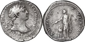 Trajan (98-117).AR Tridrachm, Cappadocia, Caesarea mint, 103-111.D/ Bust right, laureate, draped on left shoulder.R/ Arabia standing left, holding bra...