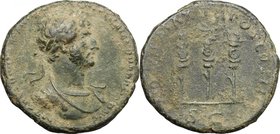 Hadrian (117-138).AE As, 118 AD.D/ Bust right, laureate, draped, cuirassed.R/ Aquila between two standards.RIC 546A.AE.g. 11.01 mm. 27.00Earthy patina...