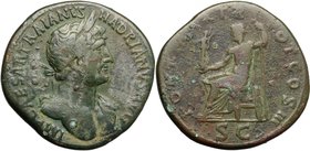 Hadrian (117-138).AE Sestertius, 118 AD.D/ Bust right, laureate, draped on left shoulder.R/ Jupiter seated left, holding Victoria and scepter.RIC 561....