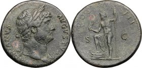 Hadrian (117-138).AE Sestertius, 125-128.D/ Bust right, laureate, draped on left shoulder.R/ Neptune standing left, right knee bent with foot on prow,...