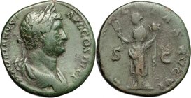 Hadrian (117-138).AE Sestertius, 134-138.D/ Bust of Hadrian right, laureate, draped.R/ Liberalitas standing left, holding tessera and cornucopiae.RIC ...