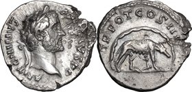 Antoninus Pius (138-161).AR Denarius, 140-143.D/ Head right, laureate.R/ She-wolf with twins in cave right.RIC 95c.AR.g. 2.69 mm. 18.00VF.