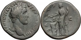 Antoninus Pius (138-161).AE Sestertius, 140-144.D/ Head of Antoninus Pius right, laureate.R/ Salus standing left, holding sceptre and feeding from pat...