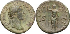 Antoninus Pius (138-161).AE Sestertius, 140-144.D/ Head right, laureate.R/ Janus standing front, holding scepter.RIC 644.AE.g. 26.43 mm. 32.00Olive-gr...