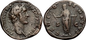 Antoninus Pius (138-161).AE As, 140-144.D/ Head of Antoninus Pius right, laureate.R/ Genius of Senate standing left, togate; holding branch and scepte...