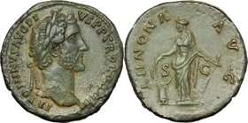 Antoninus Pius (138-161).AE Sestertius, 145-161 AD.D/ Head right. laureate.R/ Annona standing left, holding corn-ears over modius and anchor.RIC 756. ...