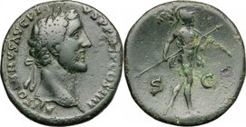 Antoninus Pius (138-161).AE As, 145-161.D/ Head irght, laureate.R/ Mars advancing right, holding spear and carrying trophy.RIC 825.AE.g. 19.13 mm. 29....