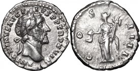 Antoninus Pius (138-161).AR Denarius, 152-153.D/ Head right, laureate.R/ Vesta standing left, holding simpulum and palladium.RIC 219.AR.g. 3.65 mm. 18...