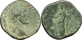 Antoninus Pius (138-161).AE Sestertius, 154-155.D/ Head right, laureate.R/ Libertas standing left, holding pileus and scepter.RIC 929.AE.g. 19.02 mm. ...