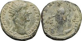 Antoninus Pius (138-161).AE Dupondius, 157-158.D/ Head right, radiate.R/ Annona standing left, holding corn-ears over modius and rudder set on prow.RI...