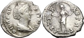 Faustina I (died 141 AD).AR Denarius, 141 AD.D/ Bust right, draped.R/ Aeternitas or Providentia standing left, holding globe and veil blown out in rou...