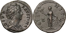 Faustina I (died 141 AD).AE Sestertius, c. 141-146 AD.D/ DIVA FAVSTINA. Draped bust right.R/ AETERNITAS SC. Aeternitas standing facing, head left, hol...