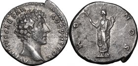 Marcus Aurelius as Caesar (139-161).AR Denarius, 140-144.D/ Head right.R/ Honos standing left, holding branch and cornucopiae.RIC (Antoninus Pius) 422...