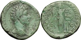 Marcus Aurelius (161-180).AE Sestertius, 166 AD.D/ Head of Marcus Aurelius right, laureate.R/ Victoria standing frontal; placing inscribed shield on p...