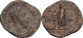 Marcus Aurelius (161-180).AE Sestertius, 177 AD.D/ Bust of Marcus Aurelius right, laureate, draped.R/ Emperor standing left, veiled; sacrificing from ...