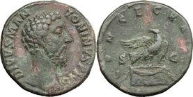 Divus Marcus Aurelius (161-180).AE Sestertius, struck under Commodus, 180 AD.D/ Head right.R/ Eagle standing right on garlanded altar, head turned bac...