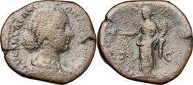 Lucilla, wife of Lucius Verus (died 183 AD).AE Sestertius, 164-169.D/ Bust of Lucilla right, draped.R/ Hilaritas standing left; holding long palm and ...