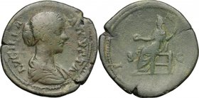 Lucilla, wife of Lucius Verus (died 183 AD).AE Sestertius, 164-169.D/ Bust irght, draped.R/ Juno seated left, holding patera and scepter.RIC (Marcus A...