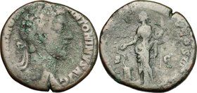 Commodus (177-193).AE Sestertius, 182 or 183 AD.D/ Head of Commodus right, laureate.R/ Salus standing left; feeding from patera snake coiled around al...