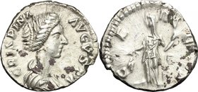 Crispina, wife of Commodus (died 183 AD).AR Denarius, 178-191.D/ Bust right, draped.R/ Cerse standing left, holding corn-ears and torch.RIC (Commodus)...