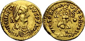 Ostrogothic Italy, Theoderic (493-526).AV Tremissis in the name of Anastasius I, Rome mint, 493-518.D/ Bust right, diademed, draped, cuirassed.R/ Vict...
