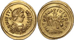 Justin II (565-578).AV Tremissis, Ravenna mint, 567-578.D/ Bust right, diademed, draped, cuirassed.R/ Victory advancing right, holding wreath and glob...