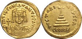 Tiberius II Constantine (578-582).AV Solidus, Constantinople mint, 578-582.D/ Bust facing, crowned, wearing consular robe and holding globus cruciger....